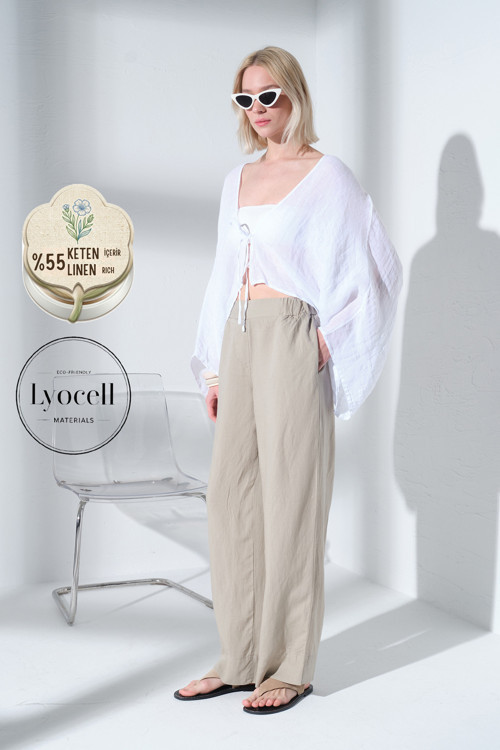 Arkası Lastikli Önü Düz Geniş Paça Keten Lyocell Karışımlı Kadın Pantolon @Lemon