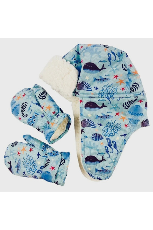 Su Geçirmez Bere Eldiven Set 2-4 Yaş Kayak Snowboard Mavi Deniz Canlıları
