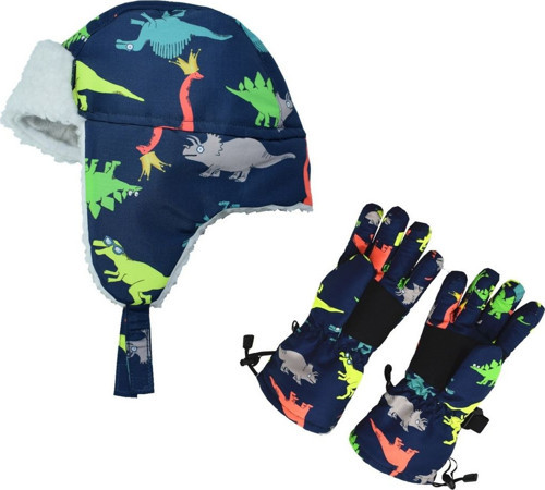 Su Geçirmez Erkek Çocuk Bere Eldiven Set 4-8 Yaş Kayak Snowboard Lacivert Üstü Renkli Dino