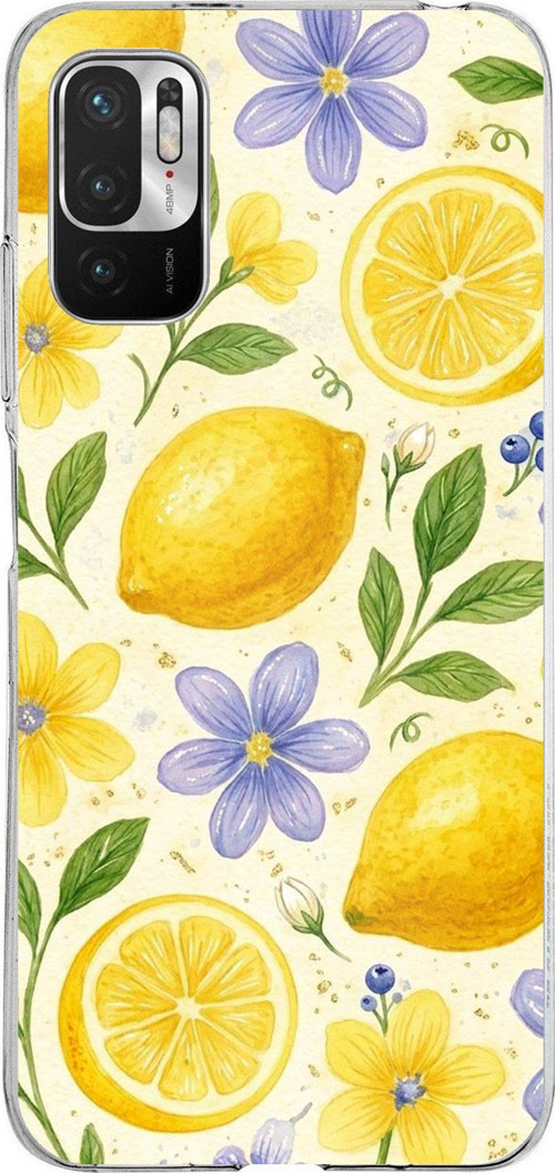 Redmi Note 10 5G Uyumlu Sulu Boya Limon ve Çiçek Desenli Baskılı Silikon Kılıf