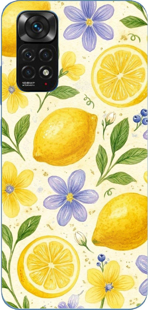 Redmi Note 11-11S Uyumlu Sulu Boya Limon ve Çiçek Desenli Baskılı Silikon Kılıf