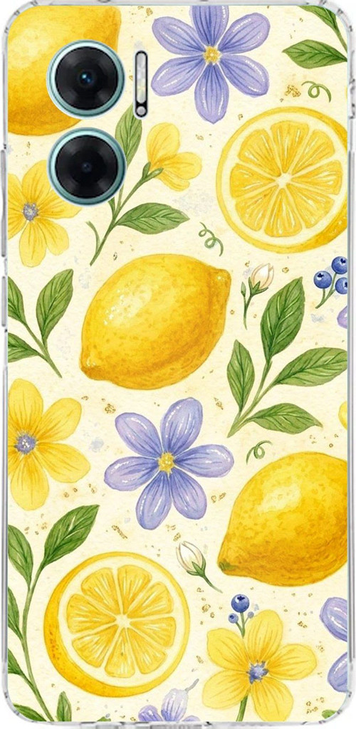 Redmi Note 11E Uyumlu Sulu Boya Limon ve Çiçek Desenli Baskılı Silikon Kılıf