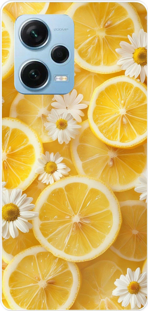 Redmi Note 12 PRO 5G Uyumlu Limon Dilimleri ve Papatya Desenli Baskılı Silikon Kılıf