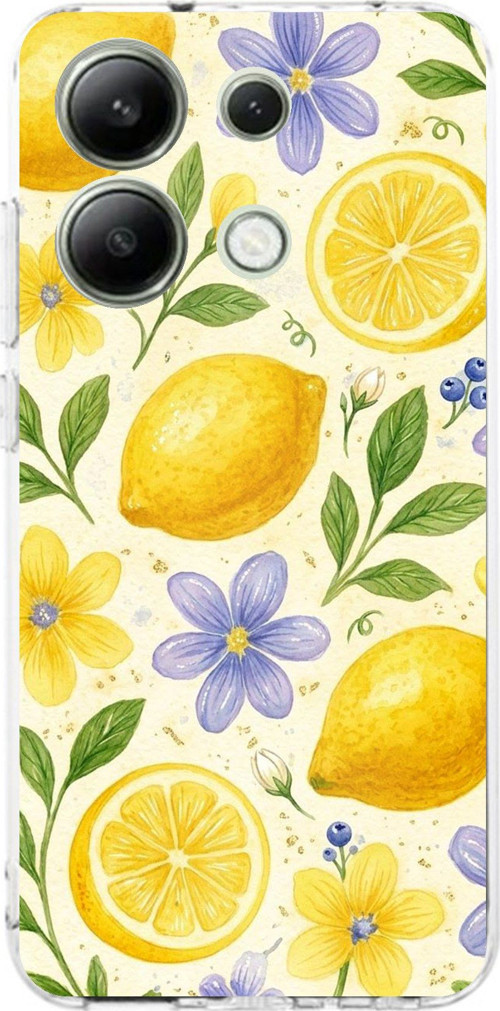Redmi Note 13 4G Uyumlu Sulu Boya Limon ve Çiçek Desenli Baskılı Silikon Kılıf