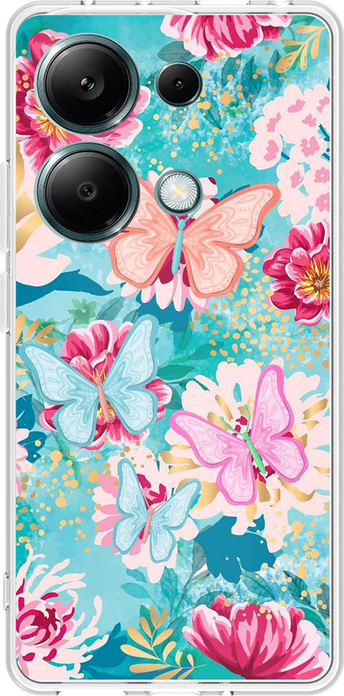Redmi Note 13 PRO 4G Uyumlu Kelebekler ve Çiçekler Baskılı Silikon Kılıf