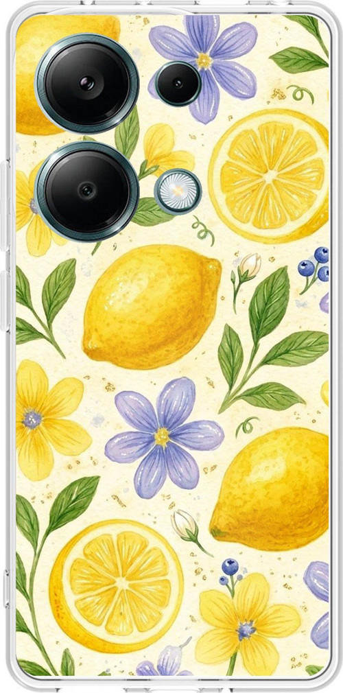 Redmi Note 13 PRO 4G Uyumlu Sulu Boya Limon ve Çiçek Desenli Baskılı Silikon Kılıf