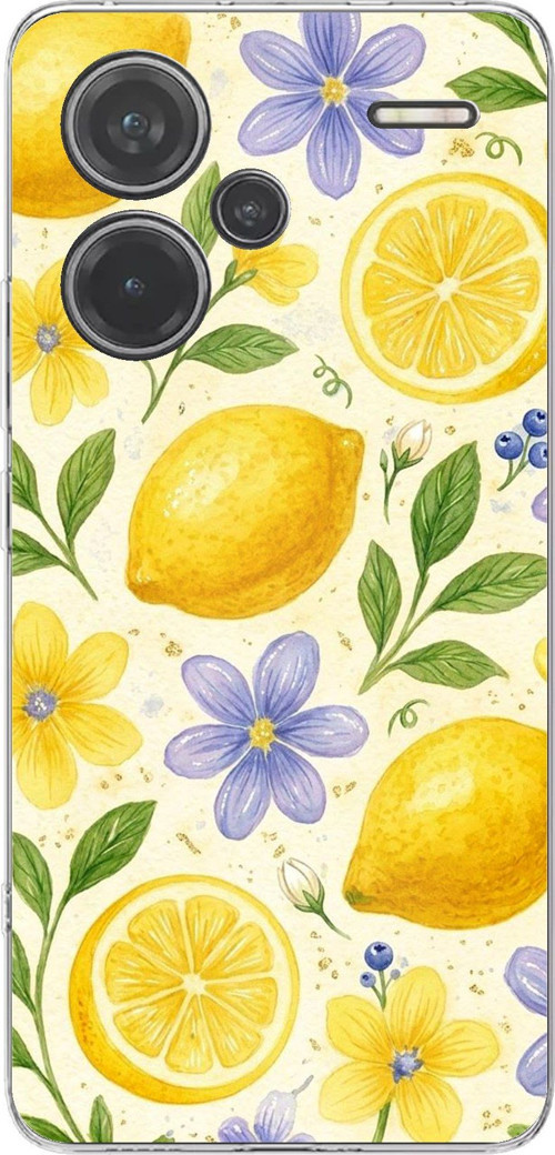 Redmi Note 13 PRO PLUS Uyumlu Sulu Boya Limon ve Çiçek Desenli Baskılı Silikon Kılıf