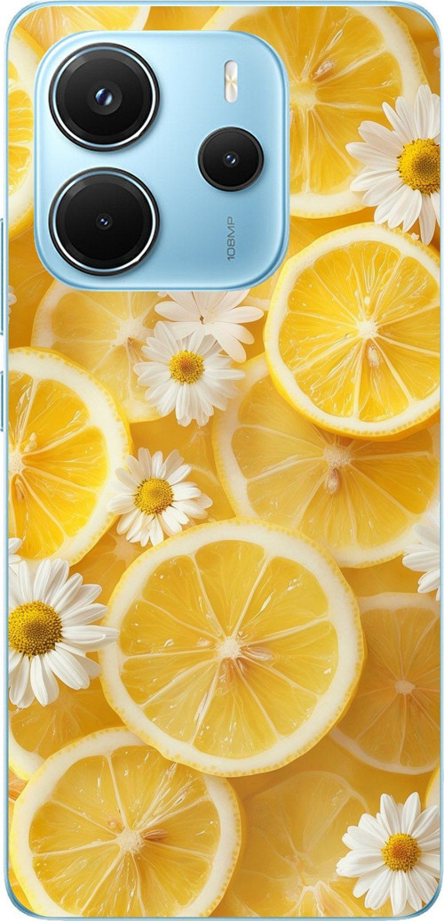 Redmi Note 14 4G Uyumlu Limon Dilimleri ve Papatya Desenli Baskılı Silikon Kılıf
