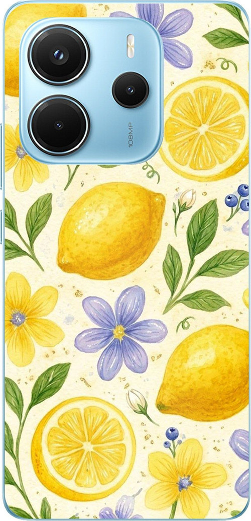 Redmi Note 14 4G Uyumlu Sulu Boya Limon ve Çiçek Desenli Baskılı Silikon Kılıf