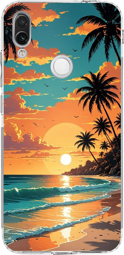 Redmi Note 7-7 PRO Uyumlu Tropikal Sahil ve Gün Batımı Baskılı Silikon Kılıf
