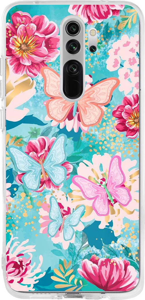 Redmi Note 8 Pro Uyumlu Kelebekler ve Çiçekler Baskılı Silikon Kılıf