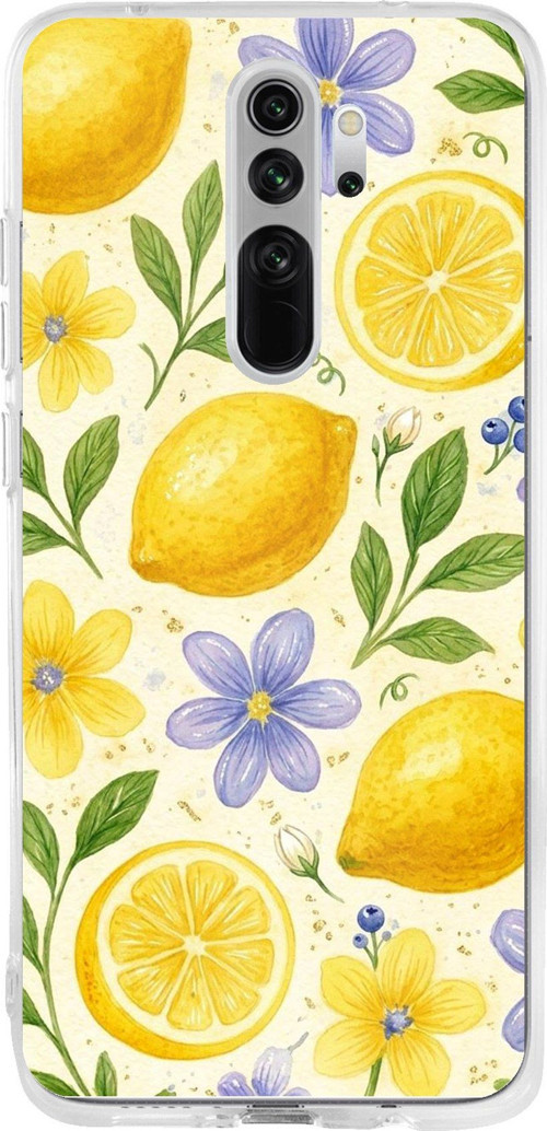 Redmi Note 8 Pro Uyumlu Sulu Boya Limon ve Çiçek Desenli Baskılı Silikon Kılıf