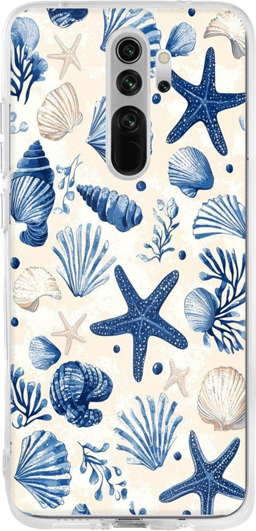 Redmi Note 8 Pro Uyumlu Mavi Deniz Kabuğu ve Yıldız Desenli Baskılı Silikon Kılıf