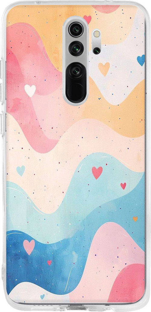 Redmi Note 8 Pro Uyumlu Pastel Renkli Dalgalı ve Kalp Baskılı Silikon Kılıf