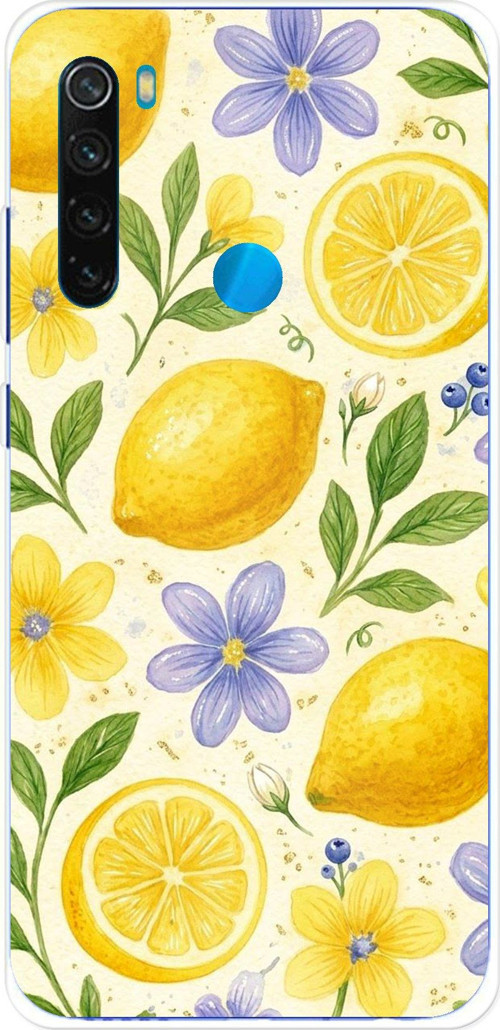 Redmi Note 8 Uyumlu Sulu Boya Limon ve Çiçek Desenli Baskılı Silikon Kılıf