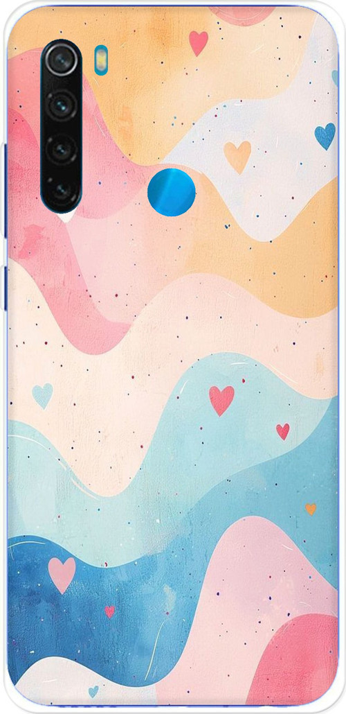 Redmi Note 8 Uyumlu Pastel Renkli Dalgalı ve Kalp Baskılı Silikon Kılıf