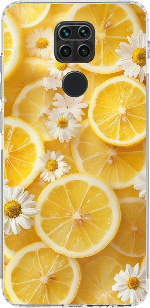 Redmi Note 9 Uyumlu Limon Dilimleri ve Papatya Desenli Baskılı Silikon Kılıf
