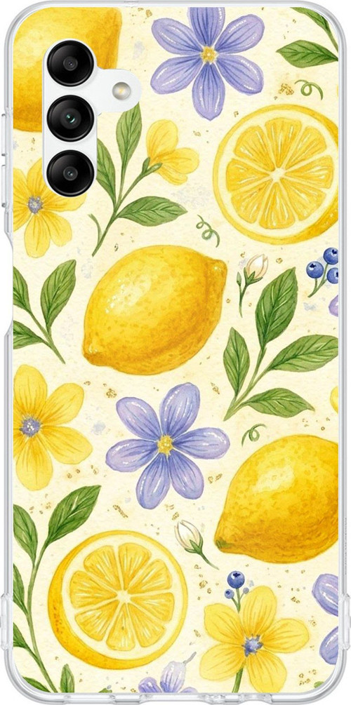Samsung Galaxy A04s Uyumlu Sulu Boya Limon ve Çiçek Desenli Baskılı Silikon Kılıf