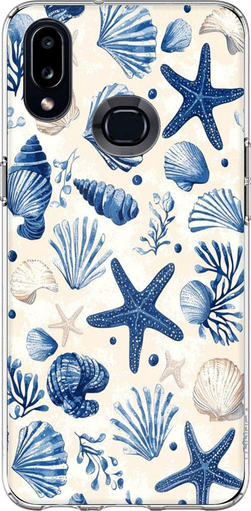 Samsung Galaxy A10S Uyumlu Mavi Deniz Kabuğu ve Yıldız Desenli Baskılı Silikon Kılıf