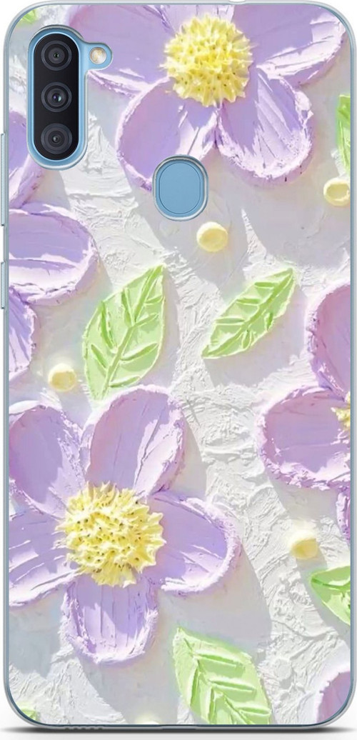 Samsung Galaxy A11-M11 Uyumlu Mor Papatyalar Sulu Boya Baskılı Silikon Kılıf