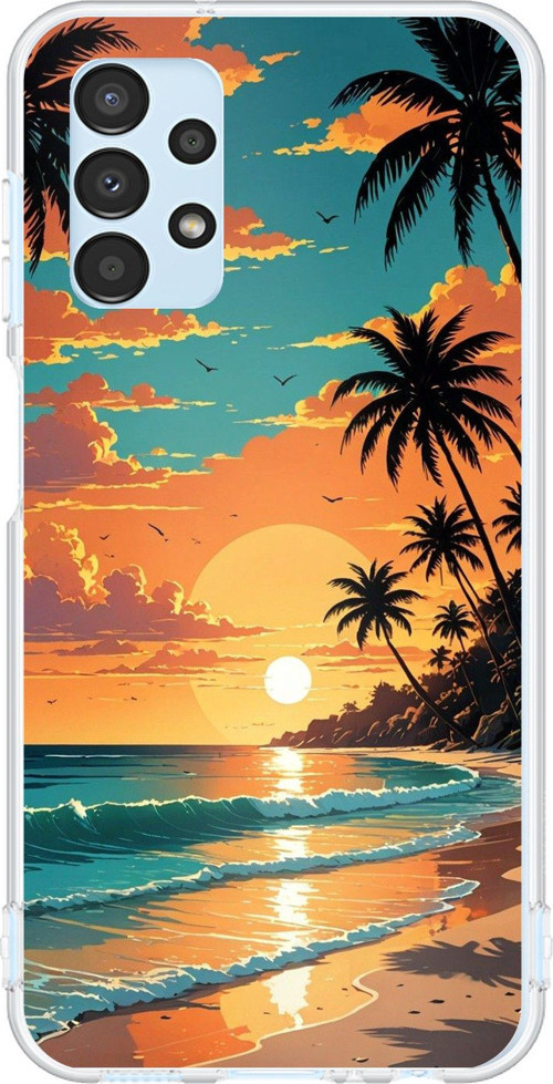 Samsung Galaxy A13 Uyumlu Tropikal Sahil ve Gün Batımı Baskılı Silikon Kılıf