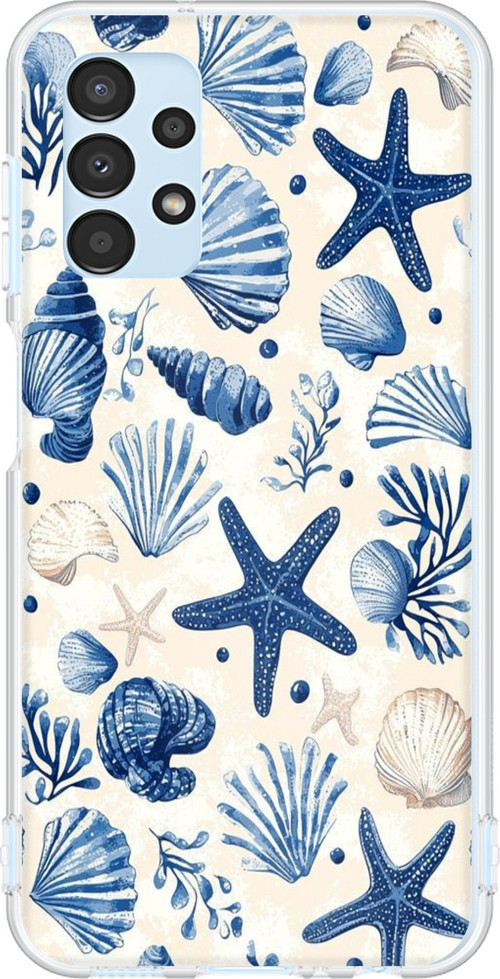 Samsung Galaxy A13 Uyumlu Mavi Deniz Kabuğu ve Yıldız Desenli Baskılı Silikon Kılıf