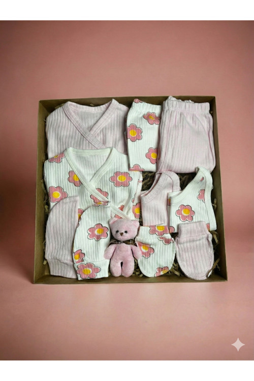 10 Parça Yeni Doğan Hastane Çıkışı & Hoş Geldin Kız Bebek Seti (Hediye Kutulu & Ayıcıklı)-Babyshower