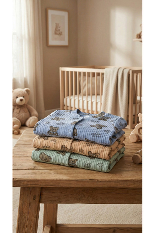 Yeni Doğan Bebek Tulum Seti 3’Lü Ayıcıklı Set - Patiksiz Unisex %100 Pamuk, Anti Alerjik 0-3& 3-6Ay