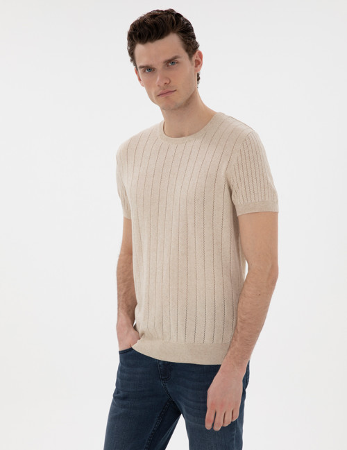 Bej Keten Karışımlı Regular Fit Bisiklet Yaka Triko Tişört 50305992-VR011