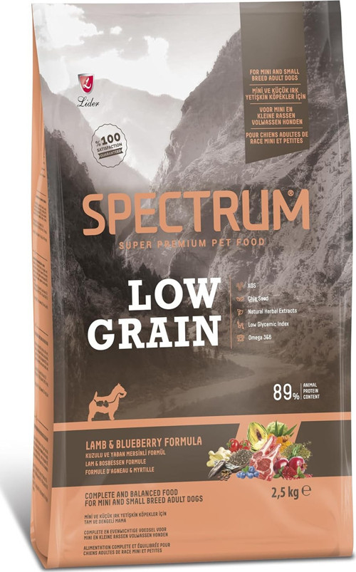 LIDER Spectrum Low Grain Kuzu Etli ve Yaban Mersinli Mini ve Küçük Irk Yetişkin Köpek Maması 2,5kg