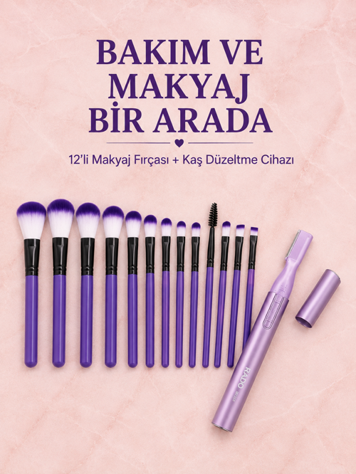 popüler 12’li Mor Makyaj Fırça Seti ve Kaş Düzeltme Cihazı Kadın Makyaj ve Kişisel Bakım