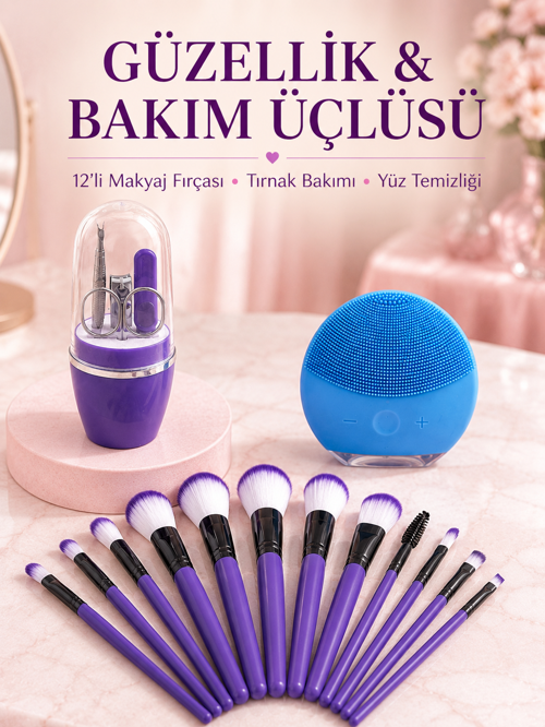 popüler Kadın Makyaj ve Kişisel Bakım Seti 12 Parça Makyaj Fırçası Silikon Yüz Temizleyici
