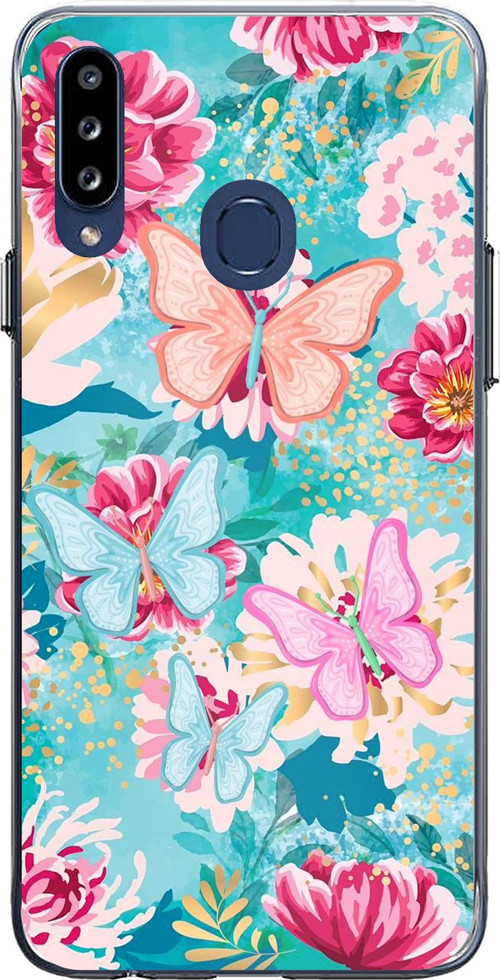 Samsung Galaxy A20S Uyumlu Kelebekler ve Çiçekler Baskılı Silikon Kılıf