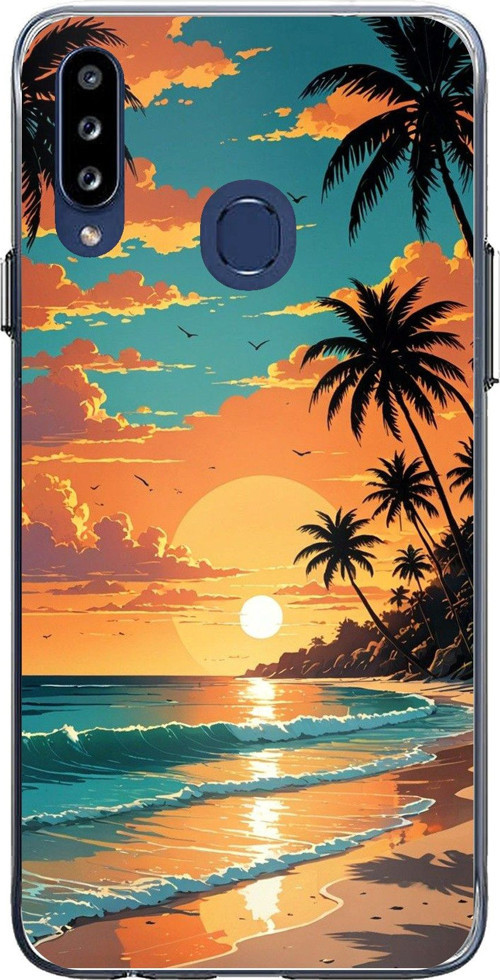 Samsung Galaxy A20S Uyumlu Tropikal Sahil ve Gün Batımı Baskılı Silikon Kılıf