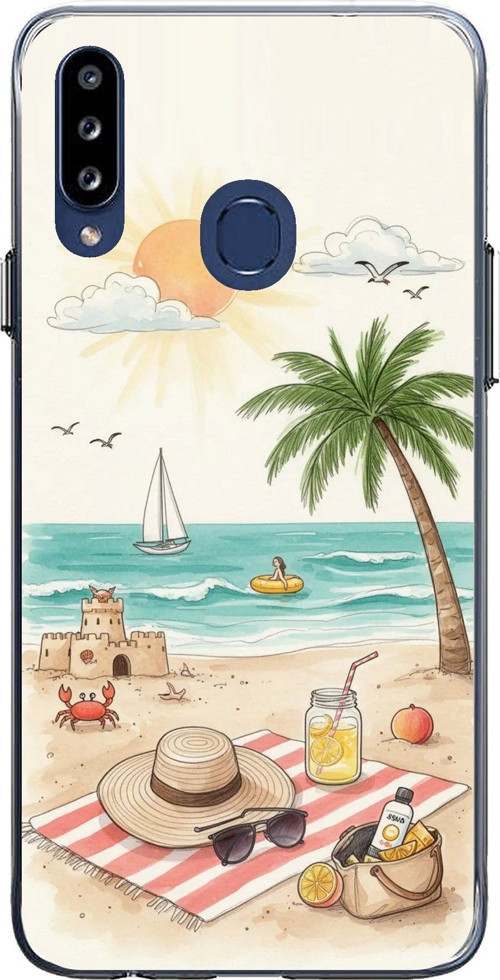 Samsung Galaxy A20S Uyumlu Sulu Boya Sahil ve Deniz Manzaralı Baskılı Silikon Kılıf