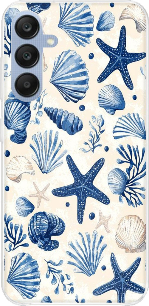 Samsung Galaxy A25 Uyumlu Mavi Deniz Kabuğu ve Yıldız Desenli Baskılı Silikon Kılıf