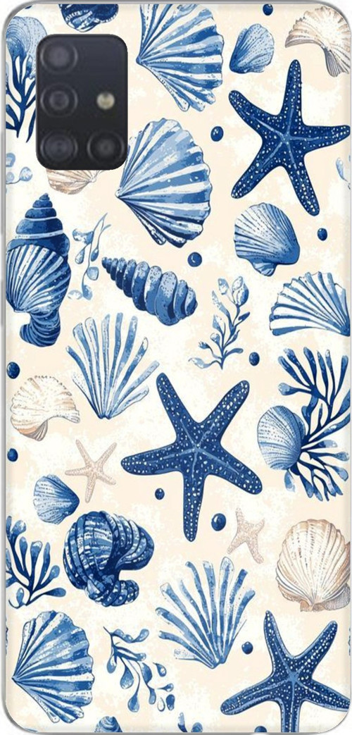 Samsung Galaxy A51 Uyumlu Mavi Deniz Kabuğu ve Yıldız Desenli Baskılı Silikon Kılıf