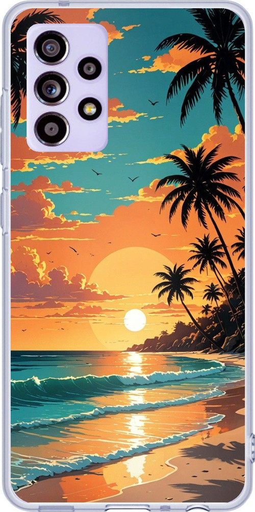 Samsung Galaxy A52-A52S Uyumlu Tropikal Sahil ve Gün Batımı Baskılı Silikon Kılıf