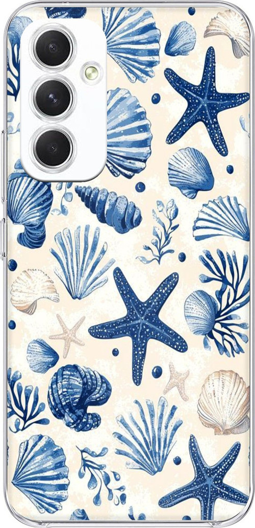 Samsung Galaxy A54 Uyumlu Mavi Deniz Kabuğu ve Yıldız Desenli Baskılı Silikon Kılıf
