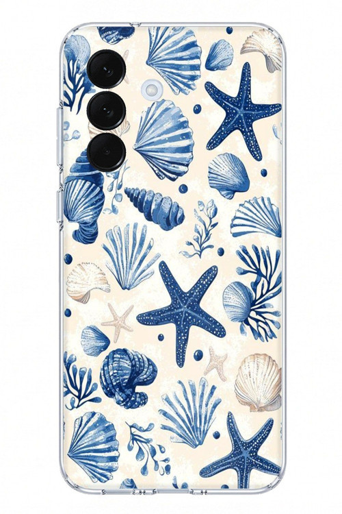 Samsung Galaxy A57 Uyumlu Mavi Deniz Kabuğu ve Yıldız Desenli Baskılı Silikon Kılıf