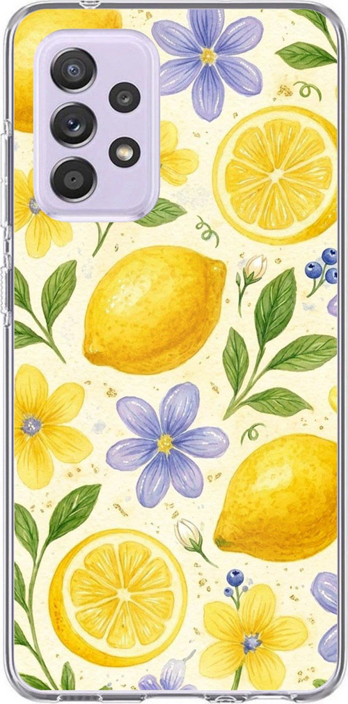 Samsung Galaxy A72 Uyumlu Sulu Boya Limon ve Çiçek Desenli Baskılı Silikon Kılıf