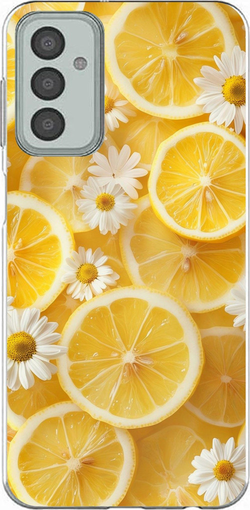 Samsung Galaxy M13-M23 Uyumlu Limon Dilimleri ve Papatya Desenli Baskılı Silikon Kılıf