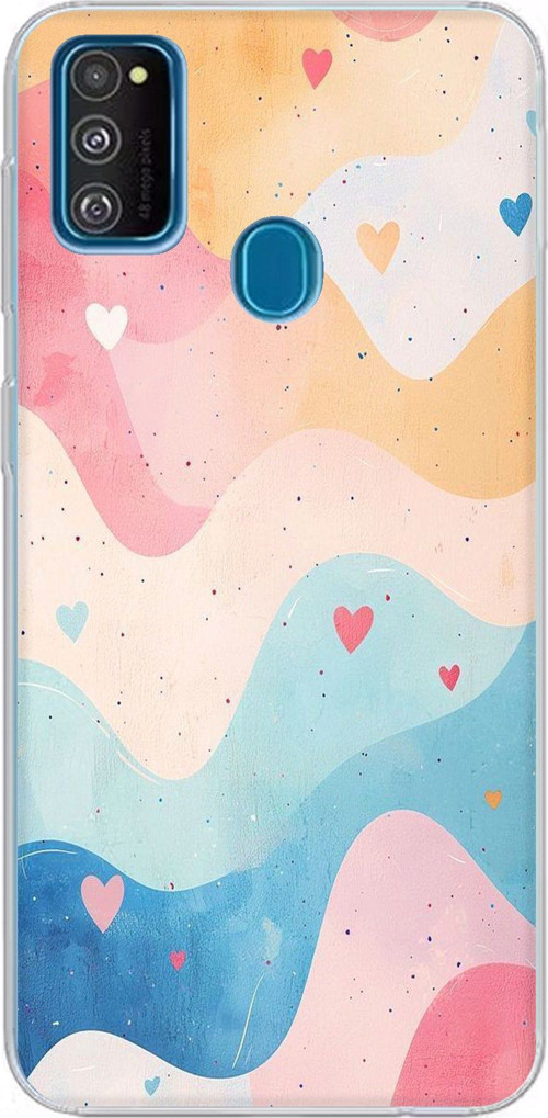 Samsung Galaxy M30S/M21 Uyumlu Pastel Renkli Dalgalı ve Kalp Baskılı Silikon Kılıf