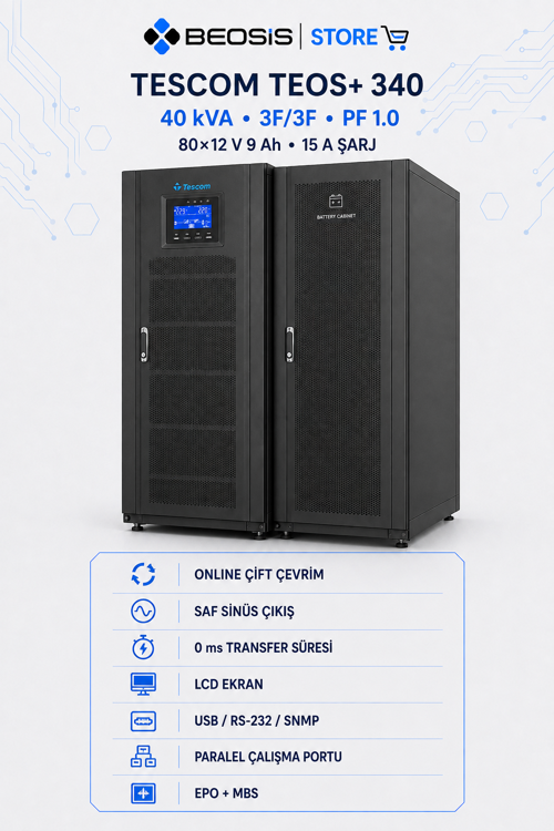 TEOS+ 340 Online UPS – 40 kVA / 40 kW – 3F/3F – 80×12 V 9 Ah – 15 A Şarjlı