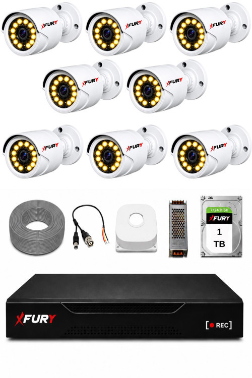 Full HD 8 Kameralı Gece Renkli Görüş Su Geçirmez Güvenlik Kamera Seti 1 TB HDD 2239