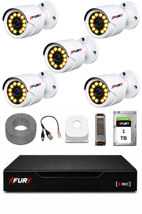 Full HD 5 Kameralı Gece Renkli Görüş Su Geçirmez Güvenlik Kamera Seti 1 TB HDD 2239