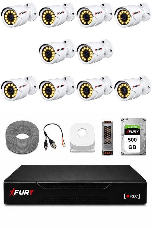 Full HD 10 Kameralı Gece Renkli Görüş Su Geçirmez Güvenlik Kamera Seti 500 GB HDD 2239