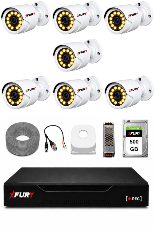 Full HD 7 Kameralı Gece Renkli Görüş Su Geçirmez Güvenlik Kamera Seti 500 GB HDD 2239