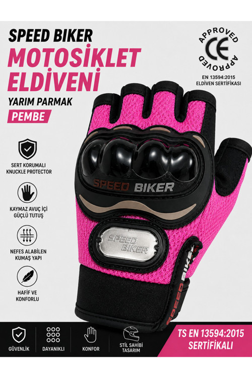 Srs Moto Yarım Parmak Pembe Kadın Motosiklet Eldiveni-Korumalı Yazlık Pembe Kadın Motorcu Eldiveni