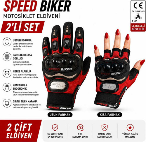 Motorsiklet Eldiveni Korumalı Ve Ce En Belgeli 2 Li Set Kırmızı
